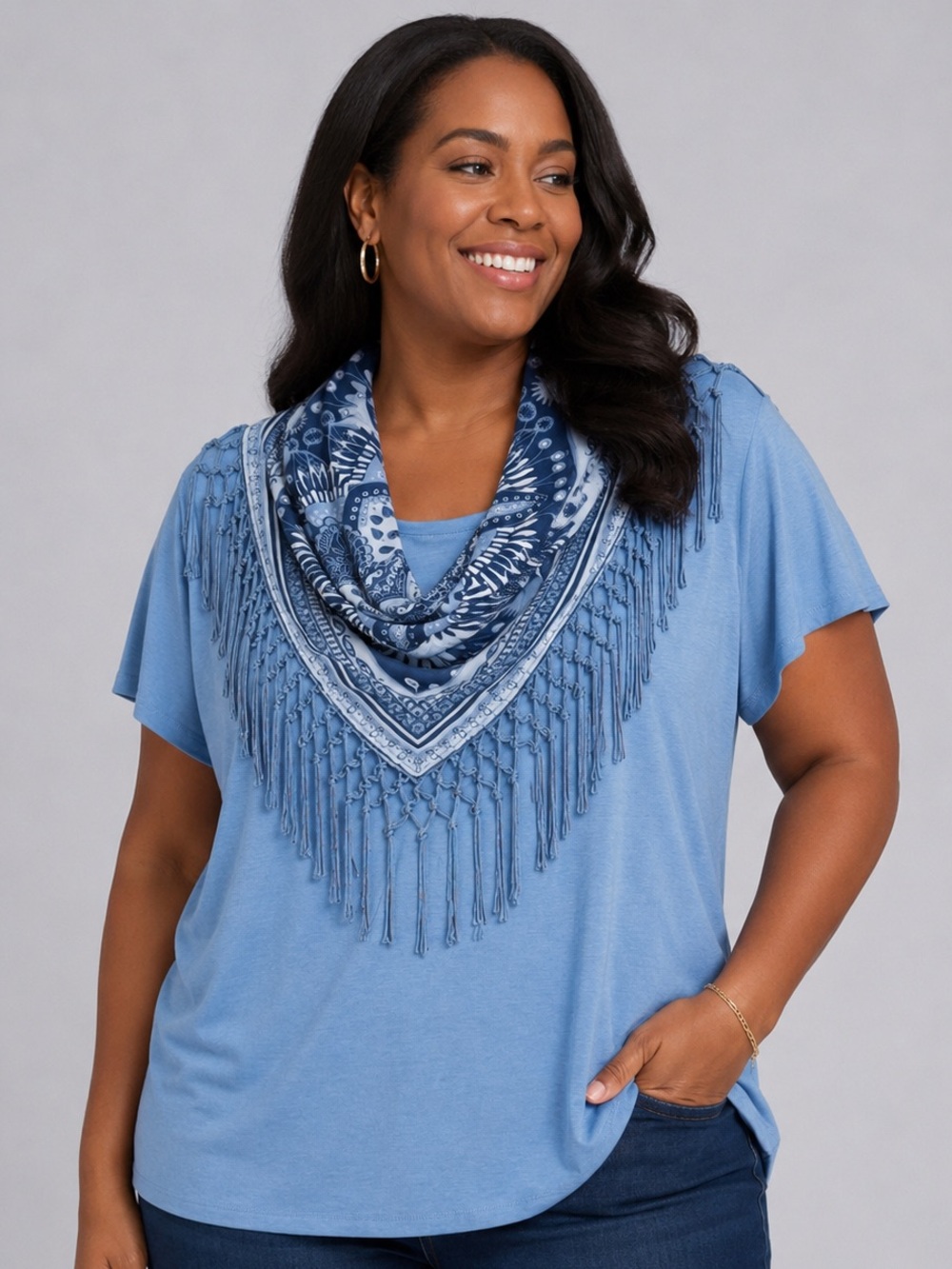 Style & Co. | Blue Fringe Bandana Scarf Tee Two-Piece Look | Size L | Like New